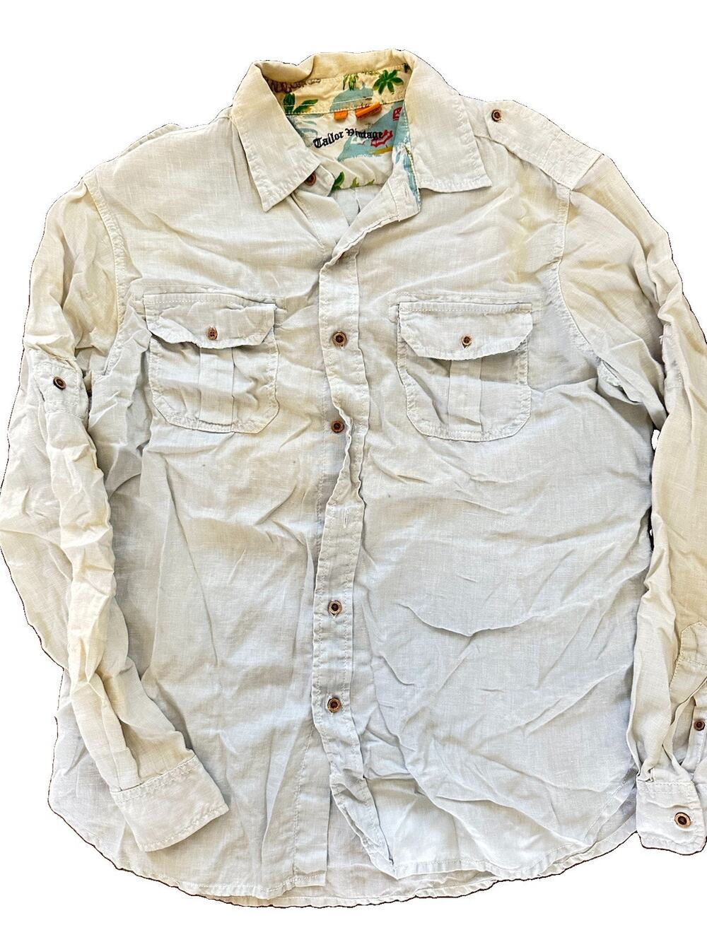 Tailor Vintage Men’s L 100% Linen Safari Shirt Light Blue Faded Tropical Trim